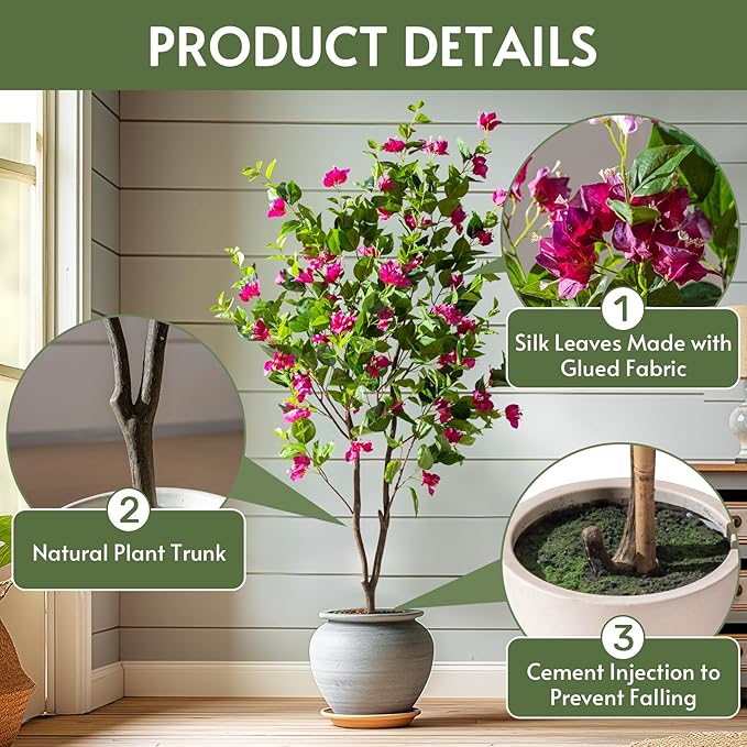 5FT Artificial Bougainvillea Tree Artificial Tree Tall Potted Fake Bougainvillea Trees for Outdoor Indoor Lifelike Potted Faux Plants with Wood Trunk and Flowers Office Wedding Home Decor