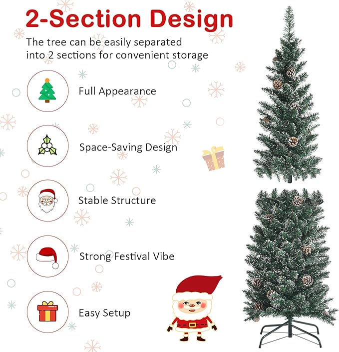 5 ft Pencil Christmas Tree, Slim Flocked Christmas Tree with 214 PVC Branch Tips, 25 Pine Cones & Foldable Metal Stand, Skinny Xmas Trees, Artificial Christmas Tree for Home, Office, Holiday