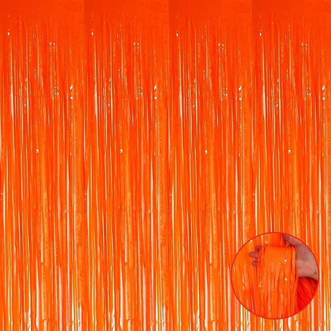 4 Pack Orange Foil Fringe Curtain Backdrop, 3.3Ft x 9.8Ft Metallic Tinsel Streamers Curtains Photo Booth, Wedding, Thanksgiving, Birthday, Christmas, Halloween Party Decor, Macaron