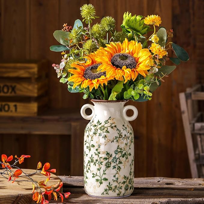 Vintage Pastoral Vase with Handles, Green and Beige Retro Ceramic Flower Vase, Rustic Farmhouse Vases Chinoiserie Floral Large Vase for Home Decor, Living Room, Kitchen, Bedroom and Shelf 9.1 Inch