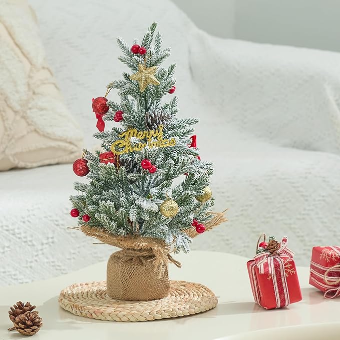 2 PCS Tabletop Christmas Tree, Small Flocked Xmas Tree Mini Artificial Pine Tree with Burlap Base for Desk Table Fireplace Mantel Decor 18 Inches