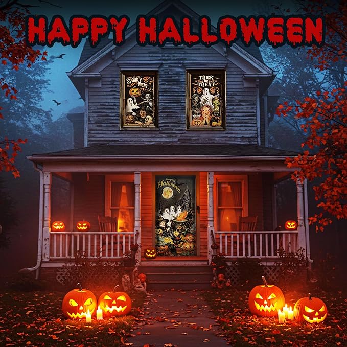 Tioncy 3 Pcs Halloween Window Door Covers Decorations Set Halloween Window Curtains Spooky Night Trick or Treat Skull Pumpkin Ghost Castle Pattern Banner Porch Indoor Outdoor Decoration