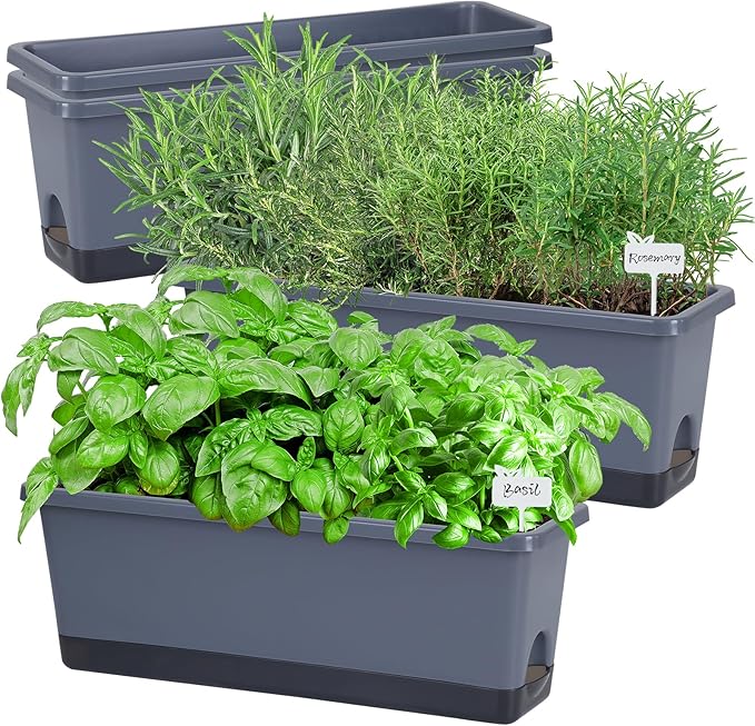 Window Box Planter 4 Packs, 17 Inches Rectangle Flower Pots with Drainage Holes & Trays, Pots for Vegetables, Herbs, Flowers, Garden Windowsill Balcony (Grey, 17 * 5.1 * 6 inch)