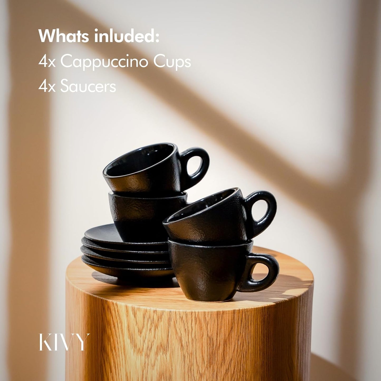 KIVY Cappuccino cups set of 4 [8oz] - Thick-walled stoneware cappuccino cup set for latte art - Latte mugs - Latte cups - Latte mug - Coffee cup black - Ceramic latte cup and saucer