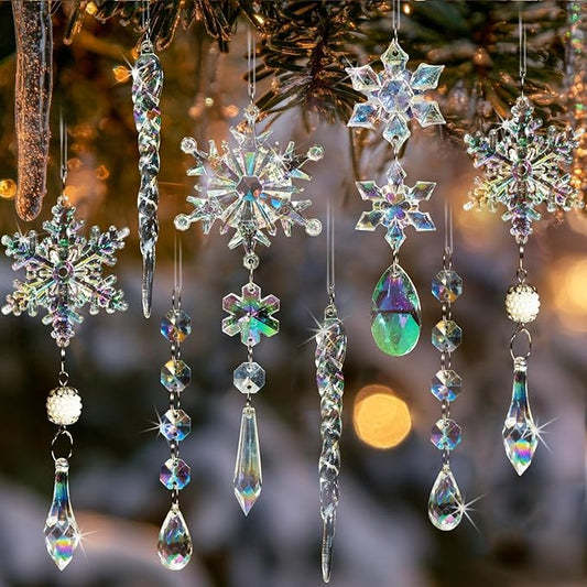 32pcs Christmas Decoration Crystal Ornaments - Iridescent Christmas Tree Ornaments Acrylic Snowflakes Drop Icicle Pendants Hanging Ornaments for Xmas Tree Winter Holiday Frozen Party Decorations