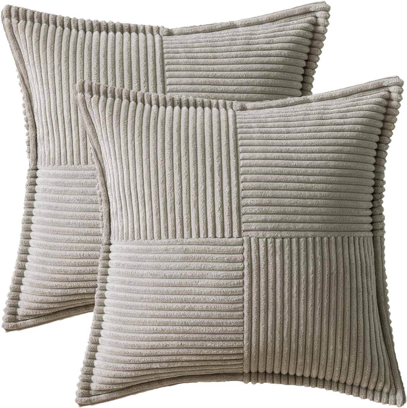 MIULEE Light Grey Corduroy Pillow Covers 16x16 Inch with Splicing Set of 2 Soft Boho Striped Pillow Covers Broadside Decorative Textured Pillowcases for Couch Cushion Bed Livingroom