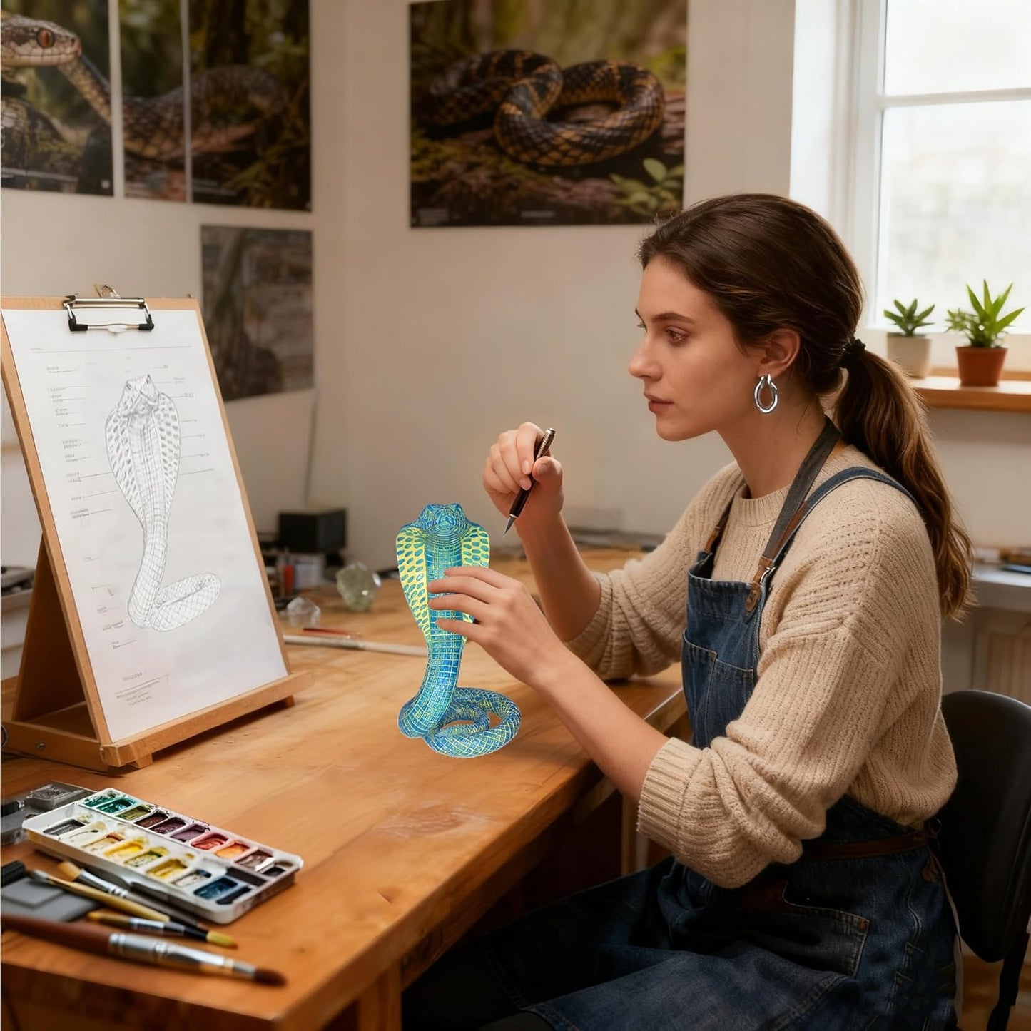 King Cobra Snake Statue Realistic Snake Resin Figurine Handcrafted, Indoor/Outdoor Animal Ornaments for Home Office Garden Yard Decor, Unique Gift for Collectors, Blue