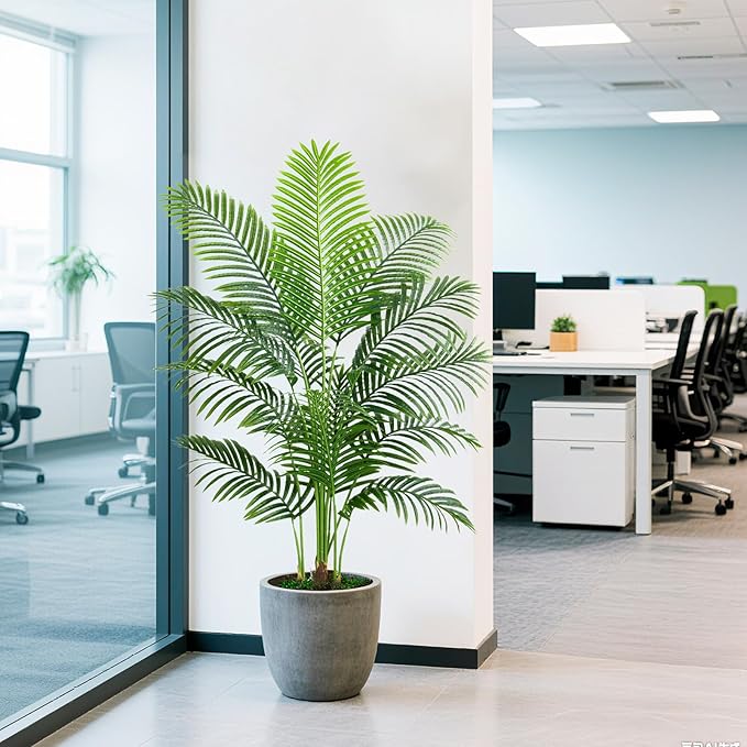 2PCS Artificial Palm Tree 4FT Artificia Plants Indoor Fake Trees Tropical Fake Plam Tree Floor Plant in Black Pot with 13 Trunks & Real Bark Design Faux Palm Plant for Outdoor Home Room Decor