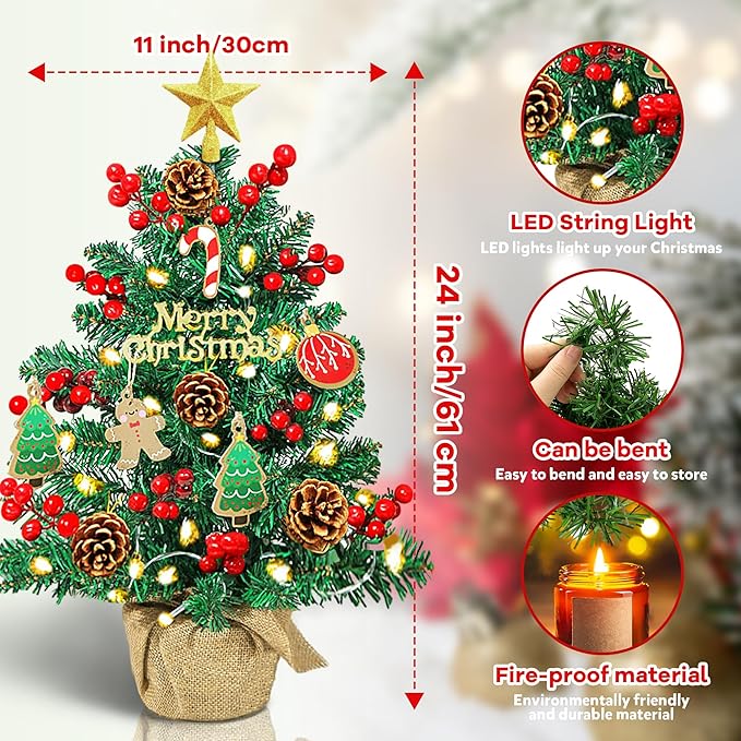2FT Tabletop Mini Christmas Tree, 24 Inch Small Artificial Christmas Tree with Warm LED Lights, Star Treetop, DIY Ornaments, New Xmas Pine Tree Decoration for Kid Friend Family Holiday Home Office