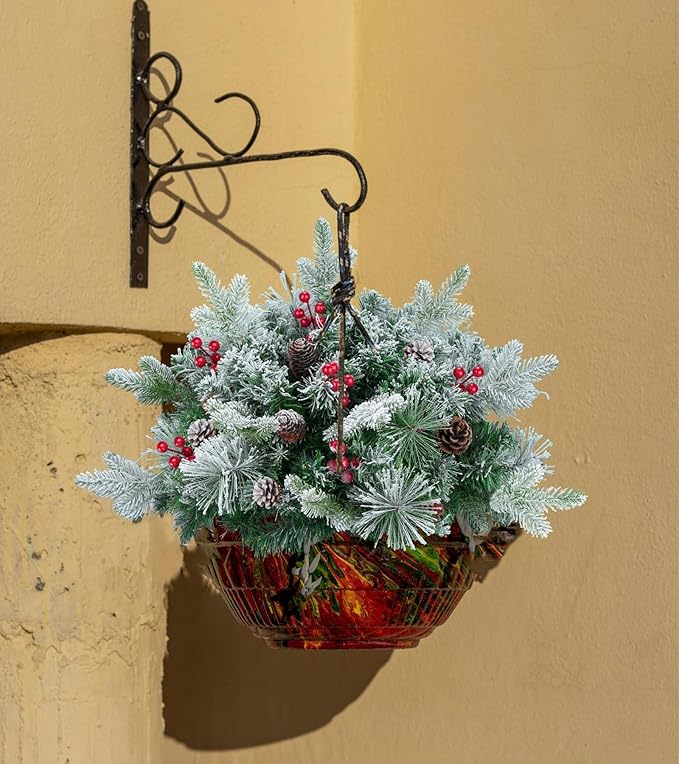 24'' Small Pre-lit Christmas Trees Outdoor Flocked Artificial Christmas Trees with LED Lights Berrys Pinecone Christmas Urn Filler Mini Xmas Tree for Porch & Yard - Set of 2