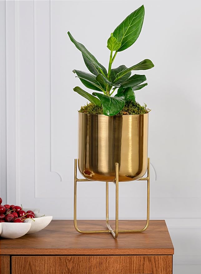Serene Spaces Living (Set of 4 Short Gold Planter with Detachable Metal Stand, Decorative Indoor Planter Pot, Flower Pots Stand for Living Room, Kitchen, Office, Measures 13" Tall and 7.25" Diameter