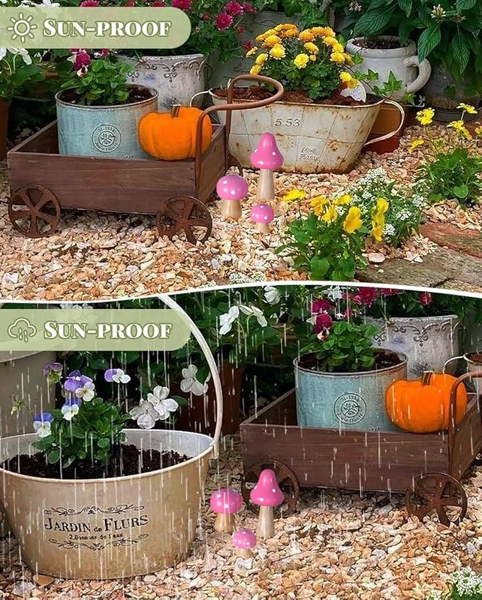 3Pcs Mushroom Decor Wooden Mini Figures Fairy Garden Accessories 2.9in 1.8in 1.2in Cute Miniature Mushrooms Home Decor for Bedroom Office Bonsai Fairy Garden Pink