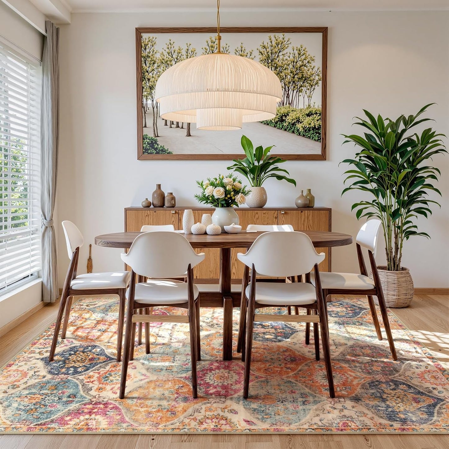 Lahome Moroccan Washable Area Rugs 9x12 Living Room, Soft 9x12 Area Rug for Bedroom, Oriental Non-Slip Non Shedding Throw Large Carpet for Dining Room Office, Cream/Multi