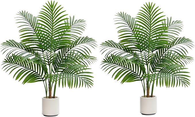 2 Pack Artificial Palm Tree Indoor Plant 3FT Tall Fake Tropical Palm Tree in Pot, Real Bark Design Faux Areca Palm Tree for Home Office Living Room Bedroom Farmhouse Modern Outdoor Topiary Tree