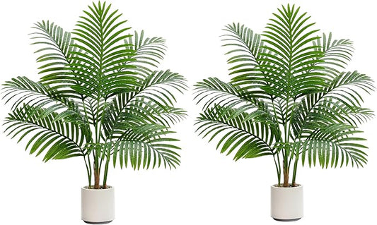 2 Pack Artificial Palm Tree Indoor Plant 3FT Tall Fake Tropical Palm Tree in Pot, Real Bark Design Faux Areca Palm Tree for Home Office Living Room Bedroom Farmhouse Modern Outdoor Topiary Tree