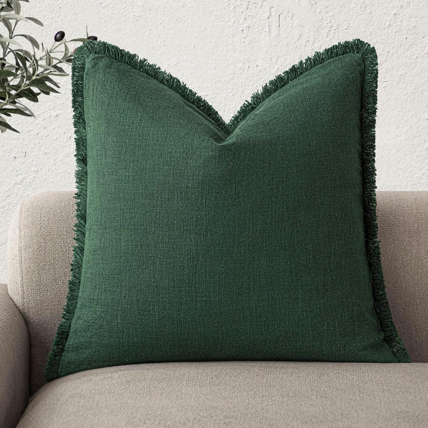 Foindtower Decorative Linen Fringe Throw Pillow Covers Cozy Boho Farmhouse Cushion Cover with Tassels Soft Accent Pillowcase for Chair Sofa Bed Living Room Home Decor, 22×22 Inch,1PC,Pine Green