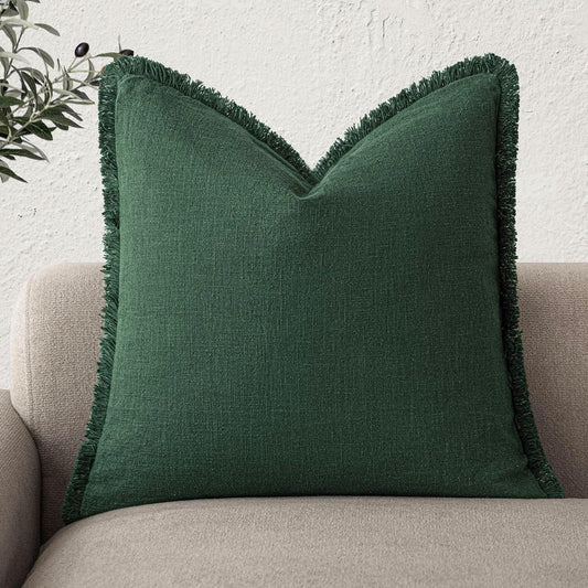 Foindtower Decorative Linen Fringe Throw Pillow Covers Cozy Boho Farmhouse Cushion Cover with Tassels Soft Accent Pillowcase for Chair Sofa Bed Living Room Home Decor, 22×22 Inch,1PC,Pine Green