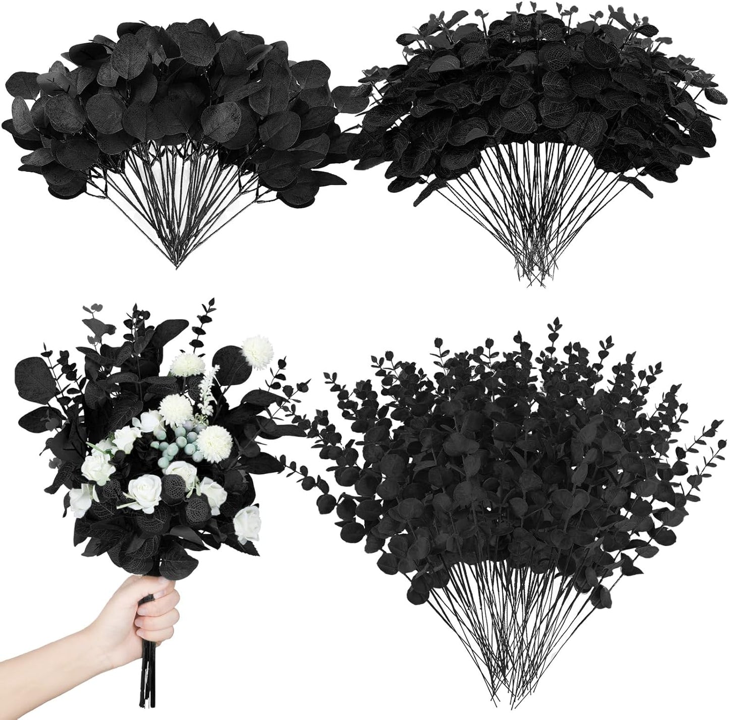 Giegxin 180 Pcs 3 Kinds Mixed Eucalyptus Leaves Stems Bulk Artificial Silver Dollar Leaves Picks Dried Eucalyptus Bundle Faux Spray for Wedding Vase Bouquet Floral Arrangement (Black)