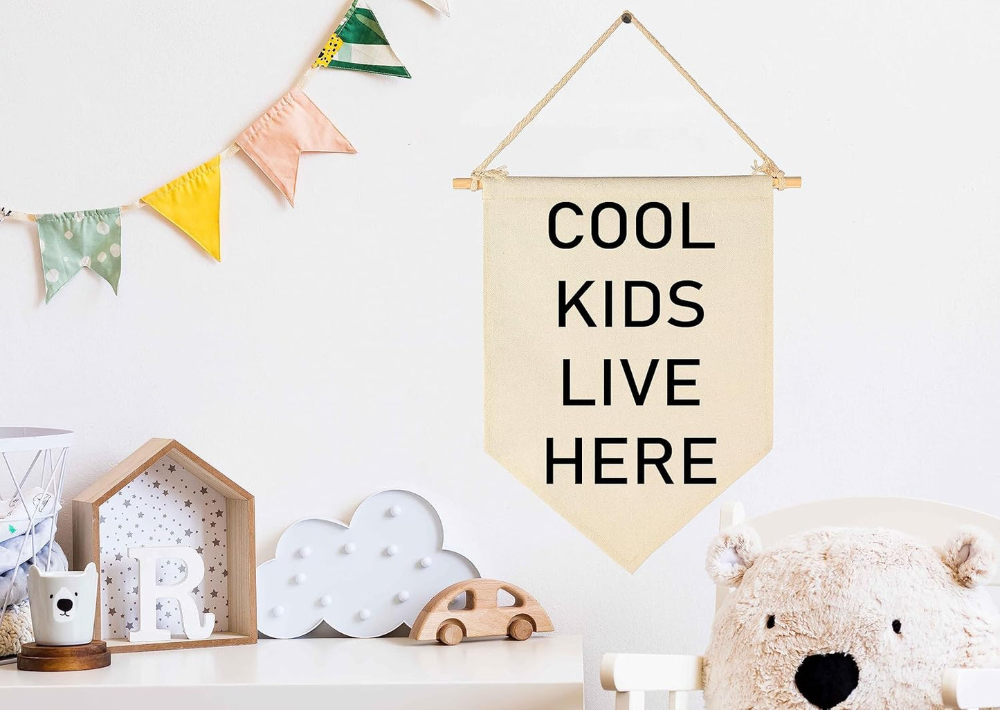 Cool Kids Live Here-Nursery Wall Flag Decor, Bedroom Decor,Playroom Sign,Front Door Decor,Banner Gift for Newborn Boys Girls Kids,Baby Gift Shower for Baby Daguther Son,New Home Birthday Gift