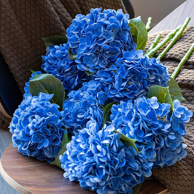 3PCS 22 inch Realistic Artificial Hydrangea Large Real Touch Flowers Artificial Flowers Dry Flowers Outdoor Wedding Christmas Office Family Party Living Room Table Decoration (Dark Blue)