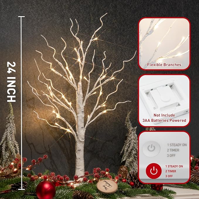Vanthylit Christmas Tree Decorations, White Birch Tree with LED Lights- Set of 4, Warm White Small Tree Lights Battery Powered/USB, Timer Lighted Tree for Home Wedding Indoor Outdoor Decor (2 FT)