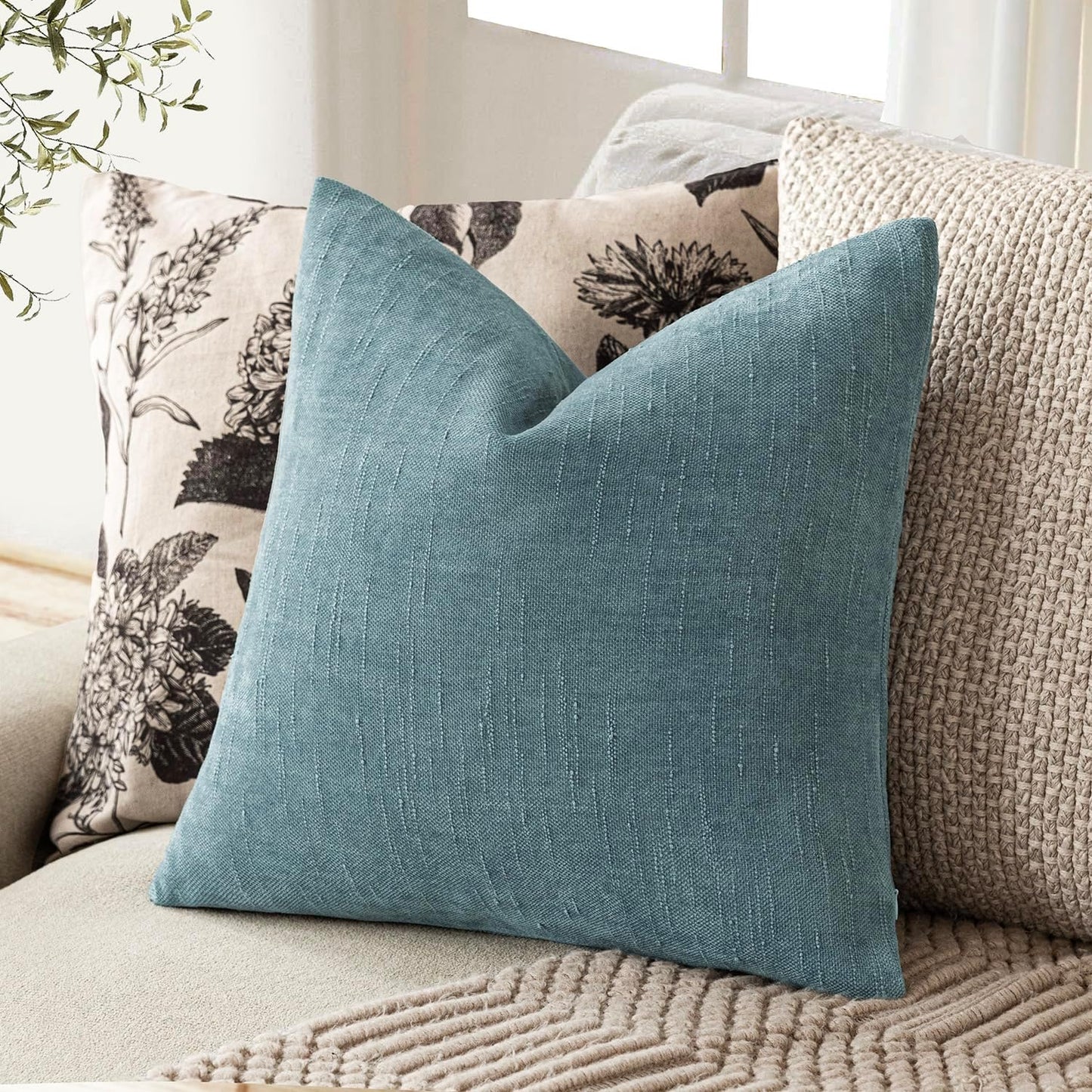 Foindtower Pack of 2 Textured Chenille Throw Decorative Pillow Covers Square Accent Solid Cushion Cover Neutral Farmhouse Pillow Case for Couch Sofa Bedroom Living Room 24x24 Inch,Light Blue