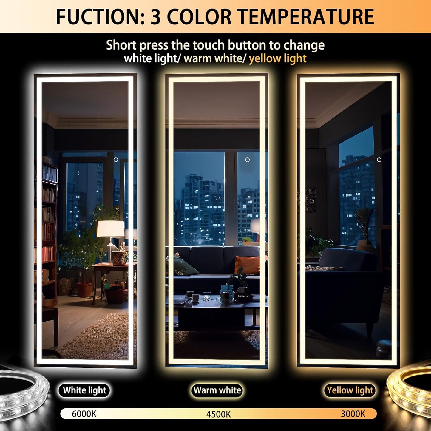 Hasipu Full Length Mirror with Lights, 65" x 21.7" LED Floor Mirror, Full Body Dressing Standing, Hanging Mounted Mirror for Living Room Bedroom Cloakroom, Square Black