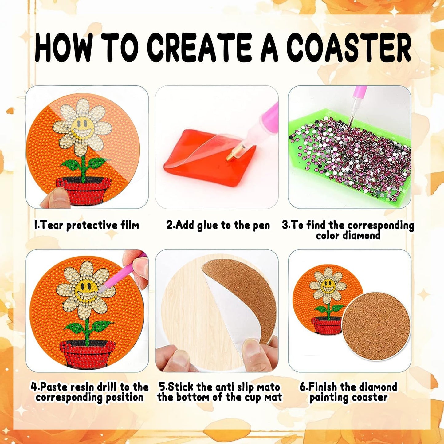 DOZEEZOP 8 PCS Flowers Diamond Art Coasters Kit, 5D Diamond Painting Coasters with Holder, Fall Small Diamond Art Kits for Adults Beginners, Diamond Dots Arts and Crafts Supplies