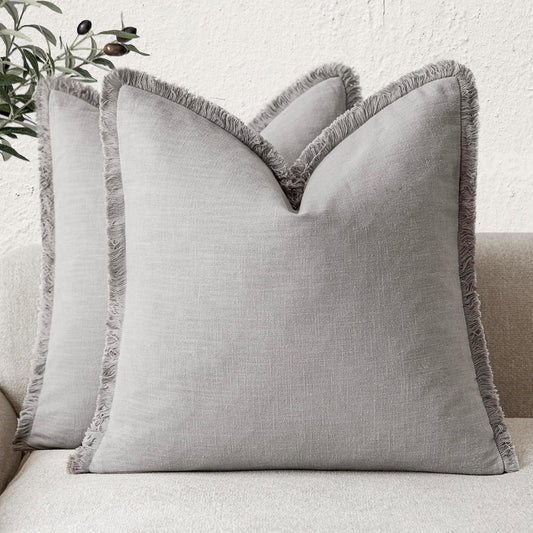 Foindtower Set of 2 Decorative Linen Fringe Throw Pillow Covers Cozy Farmhouse Cushion Cover with Tassels Accent Pillowcase for Couch Chair Sofa Bed Living Room Home Decor,20×20 Inch,Light Rustic Gray