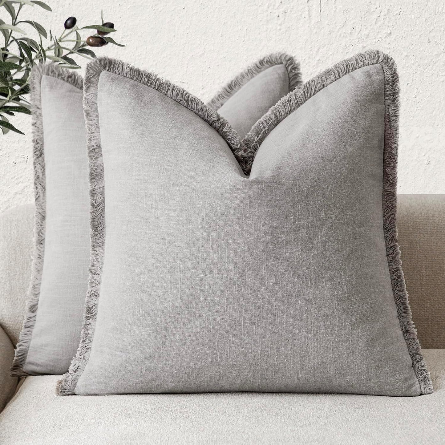 Foindtower Set of 2 Decorative Linen Fringe Throw Pillow Covers Cozy Boho Farmhouse Cushion Cover with Tassels Accent Pillowcase for Couch Sofa Bed Living Room Home Decor,26×26 Inch,Light Rustic Gray