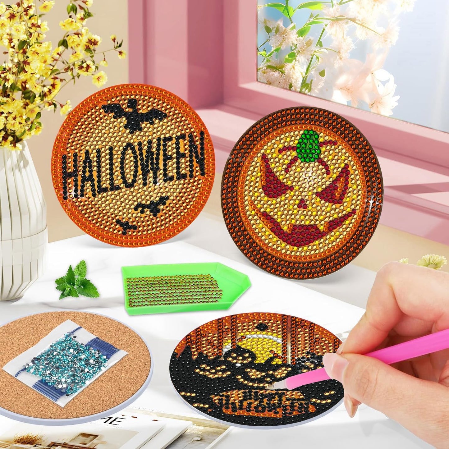 DOTSOPS 6 Pcs Halloween Diamond Art Kits for Adults Diamond Art Coasters with Holder for Adults Beginners Diamond Craft for Christmas Halloween