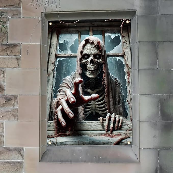 Window Cover Halloween 47x31 Inch Scary Skeleton Grim Reaper Banner Creepy Horror Window Decoration for Haunted House Outdoor Indoor Poster Trick or Treat Decor