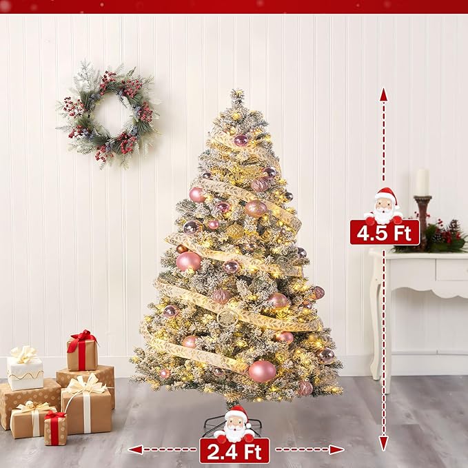 4.5ft Prelit Green Artificial Christmas Tree with 100 Warm White LED Light, Full Snow Flocked Xmas Tree Featuring 400 Realistic Branch, Easy Hinged Assembly for Home Office Party Decoration