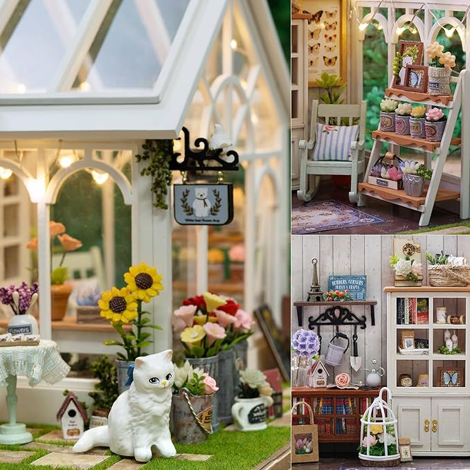 TuKIIE DIY Miniature Dollhouse Kit with Furniture, 1:24 Scale Creative Room Wooden Doll House Plus Dust Proof & Music Movement for Kids Teens Adults(Sunshine Greenhouse)