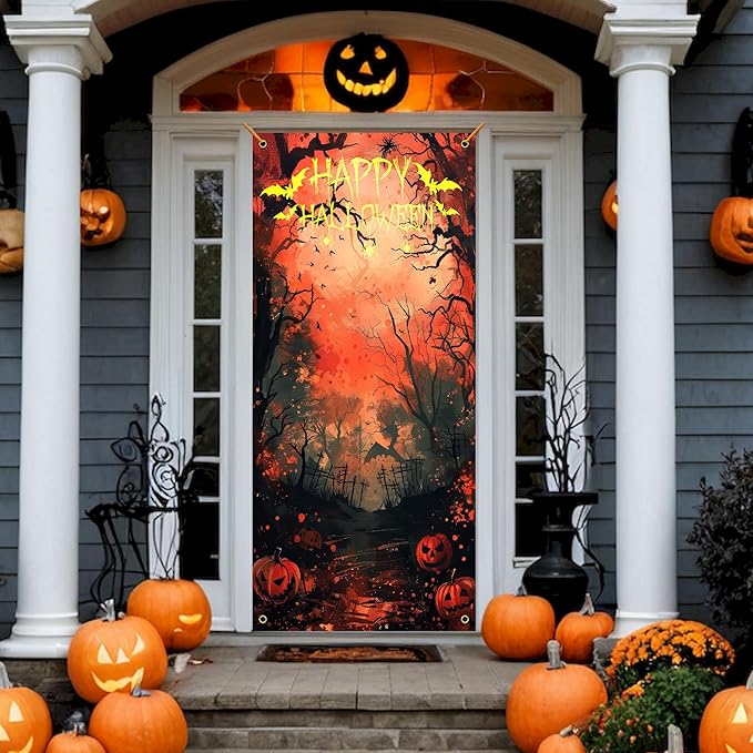 Happy Halloween Door Cover, Scary Burnt Forest Pumpkin Decoration Doorway Door Curtains Banners Backdrop Background Decor for Halloween Party, Indoor Outdoor Decorations, 35 * 79 Inch
