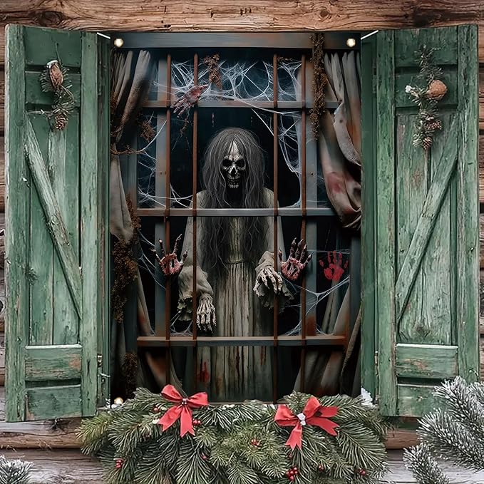 Window Cover Halloween 47x31 Inch Scary Skeleton Ghost Bloody Handprint Banner Creepy Window Decoration for Haunted House Indoor Outdoor Poster Porch Decor