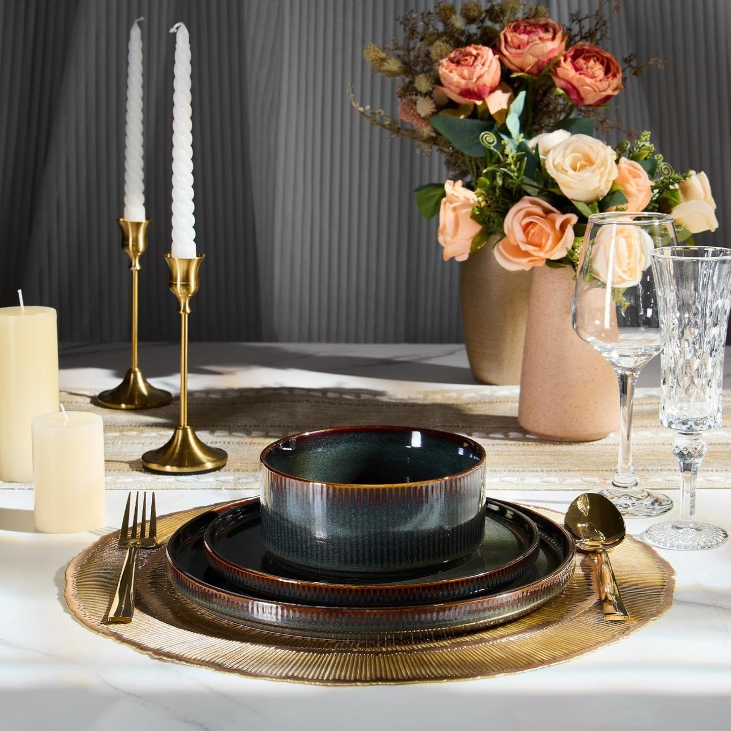 E-far 12-Piece Plates and Bowls Sets, Stoneware Dinnerware Dishes Sets for 4, Kitchen Modern Dining Dishware, Chip & Scratch Resistant, Microwave & Dishwasher Safe, Blackish Green