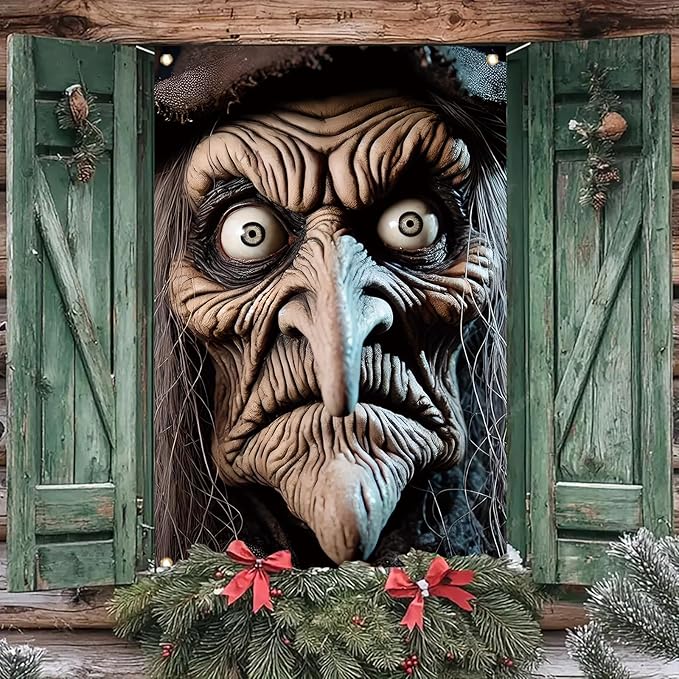 Scary Witch Window Cover Halloween Decoration Window Poster Realistic Creepy Face Haunted House Outdoor Indoor Horror decor for Door Party Supplies Spooky Scene Prop 47x31 Inch