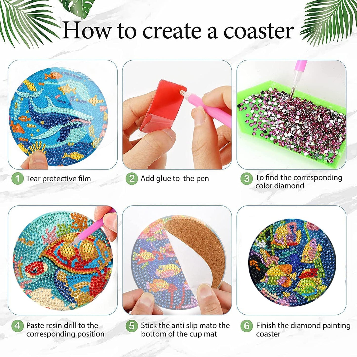 DOTSOPS 8 Pcs Ocean Diamond Art Kits for Adults 5d Diamond Painting Coasters with Holder for Adults Beginners Craft for Women Ocean