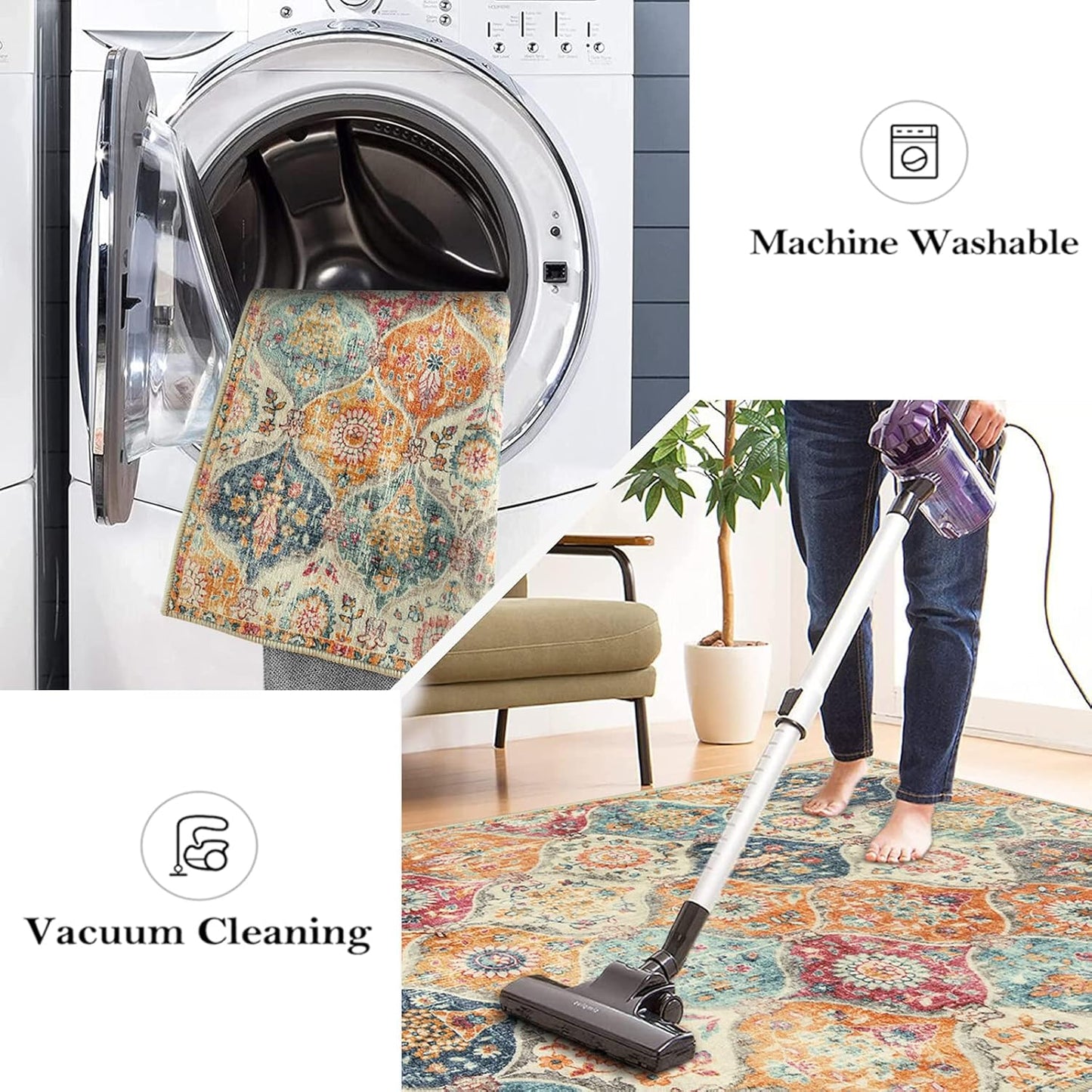 Lahome Moroccan Trellis Round Area Rugs, Washable Small Round Rug 3ft Non-Slip, Soft Vintage Ultra-Thin Circle Carpet for Bedroom Entryway Kitchen Laundry Bathroom, Cream/Multi