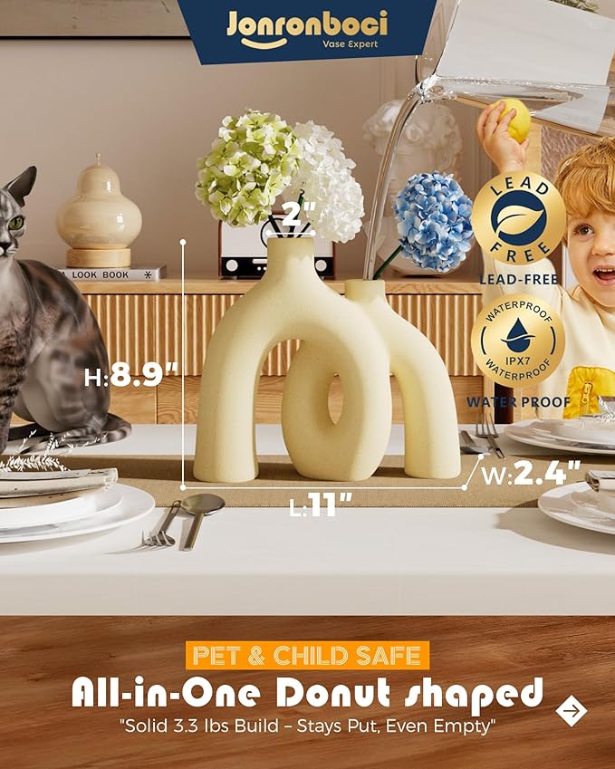 Hug Donut Decorative Vase Set - Beige Vase, Modern Nordic Boho Style Vases Home Decor, Matte Ceramic Decorations for Living Room Shelf, Bookshelf Mantle Entryway Table or Console Décor (Beige)