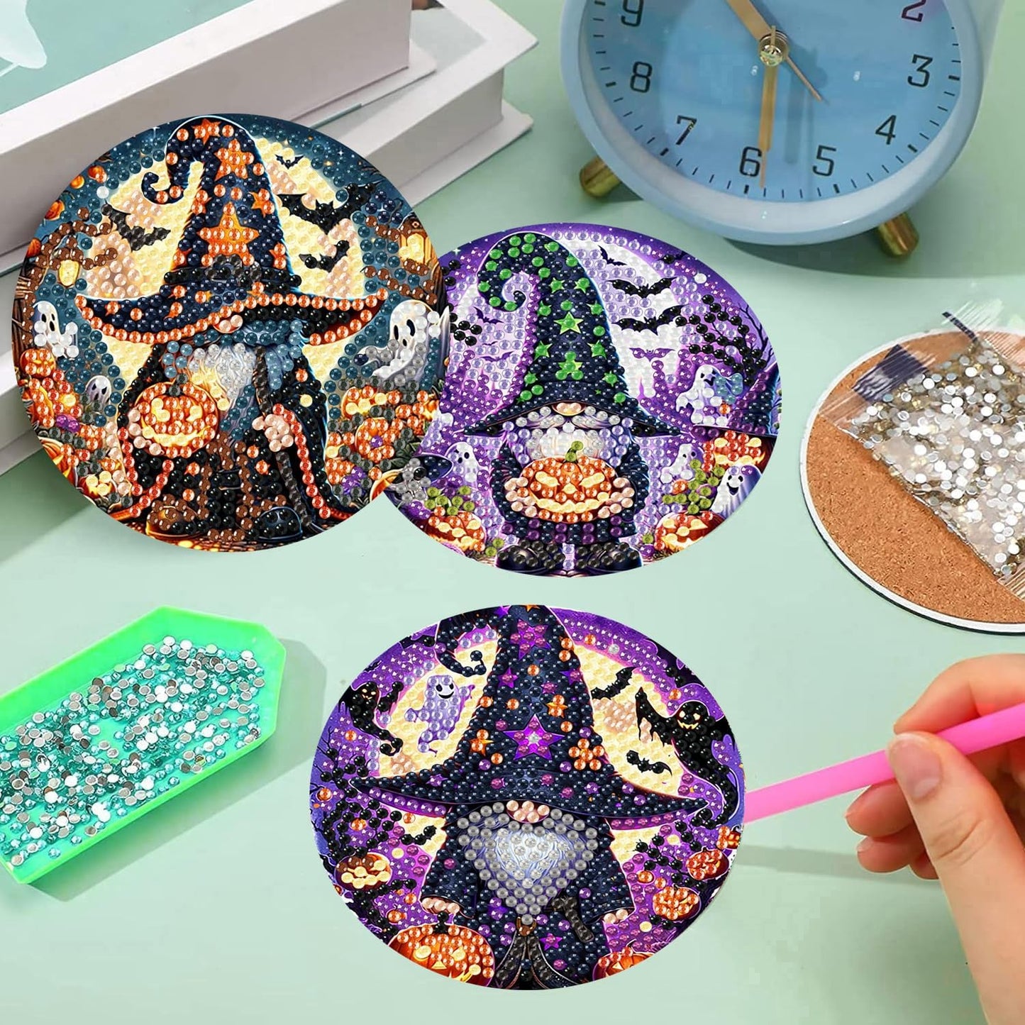 Meothan 8 Pcs Halloween Diamond Art Coasters Kits for Aldults with Holder Cork Pads, DIY Gnomes Diamond Dots Painting Coasters Crafts Kits for Home and Office Decor Gifts 4x4in
