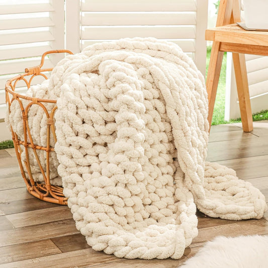 Bigacogo Chunky Knit Throw Blanket for Couch, 40x60 inches, 100% Hand Knitted with Thick Jumbo Chenille Yarn, Cozy Soft Large Rope Knot Cable Crochet Blankets for Sofa Bed Living Room, Beige