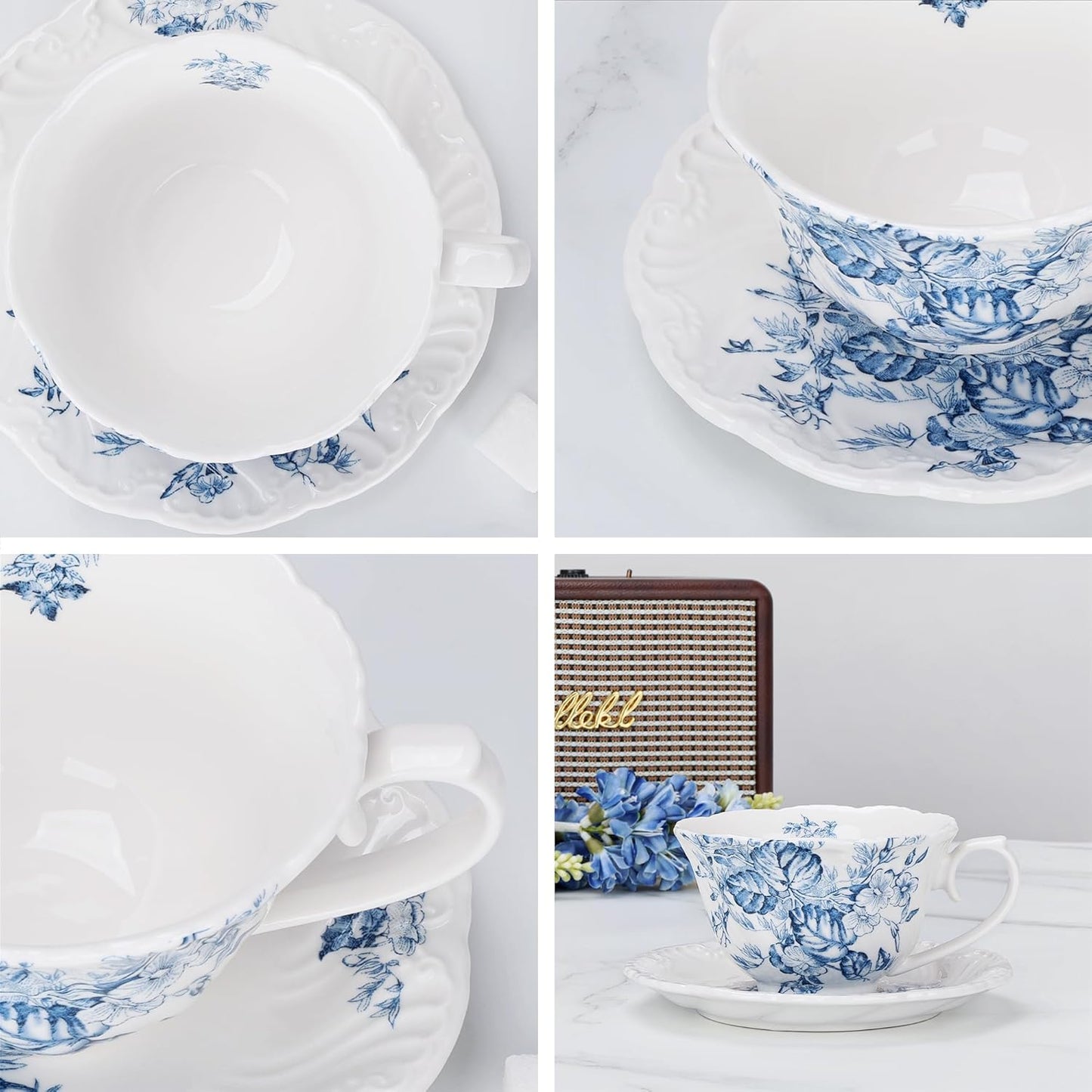fanquare 8 Ounce Blue and White Tea Cup and Saucer Set, Relief Porcelain Coffee Cup with Ruffled Rim, Vintage Teacups for Women and Tea Parties