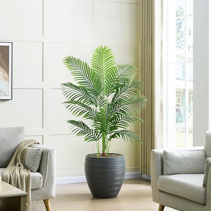 2PCS Artificial Palm Tree 4FT Artificia Plants Indoor Fake Trees Tropical Fake Plam Tree Floor Plant in Black Pot with 13 Trunks & Real Bark Design Faux Palm Plant for Outdoor Home Room Decor