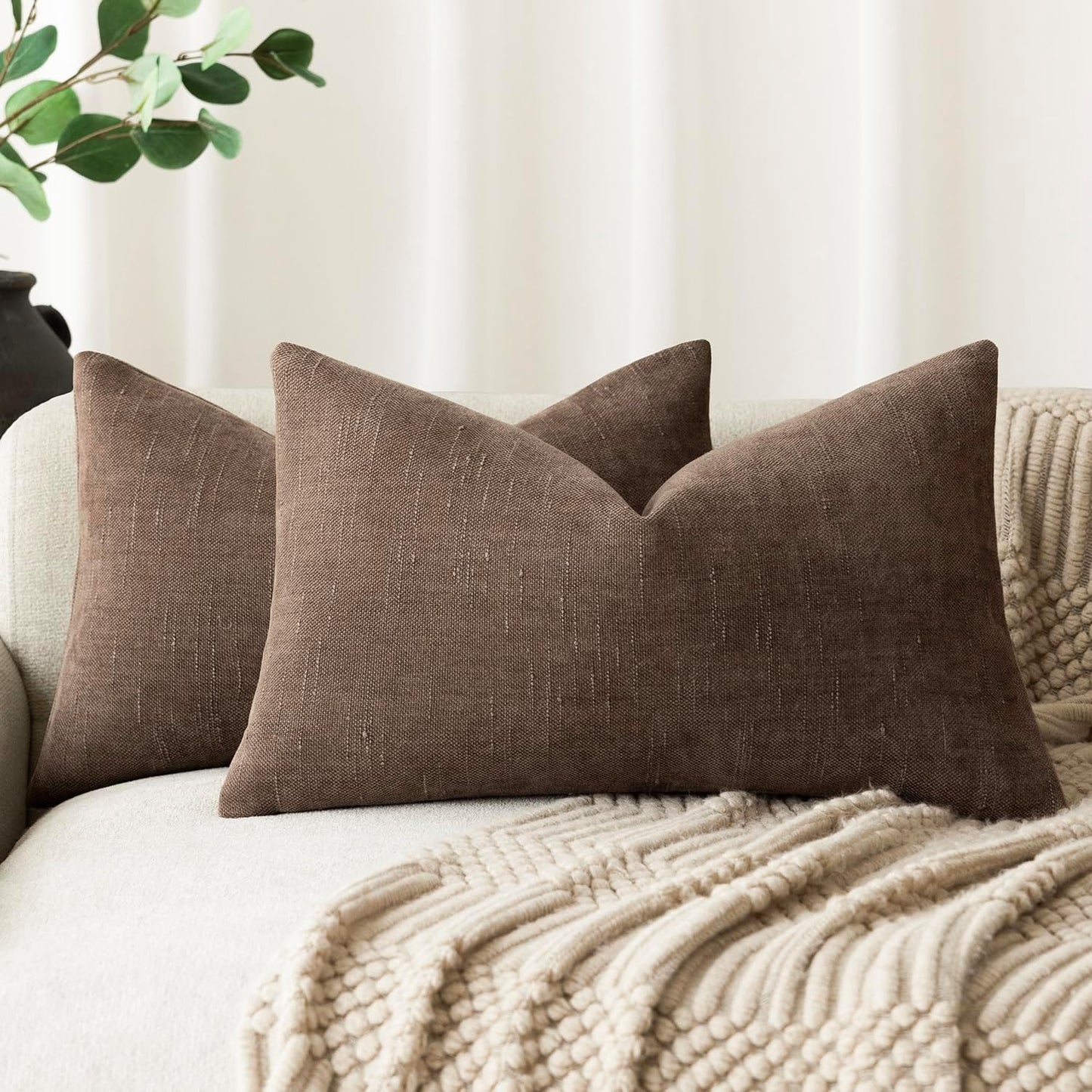 Foindtower Pack of 2 Soft Textured Chenille Throw Decorative Pillow Covers Lumbar Accent Solid Cushion Cover Cozy Neutral Farmhouse Pillow Case for Couch Sofa Bedroom Living Room 12x24 Inch, Chocolate