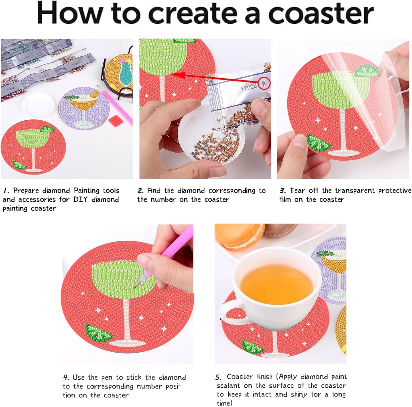 Cocktail Diamond Painting Coasters Kits for Adults, 8PCS Diamond Art Coaster Kits with Holder, Small Diamond Painting Kits for Adults Art Craft Supplies