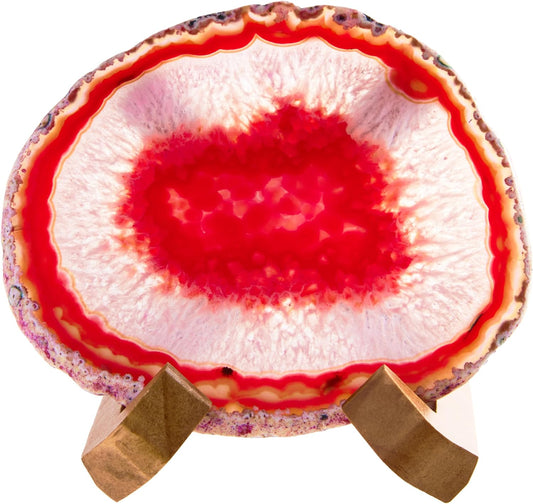 Luxury Lane Large Natural Brazilian Agate Slice Geode Rock Stone Drink Coaster with Wood Holder 4.7-5.5 inch Centerpiece Table Decoration, Red