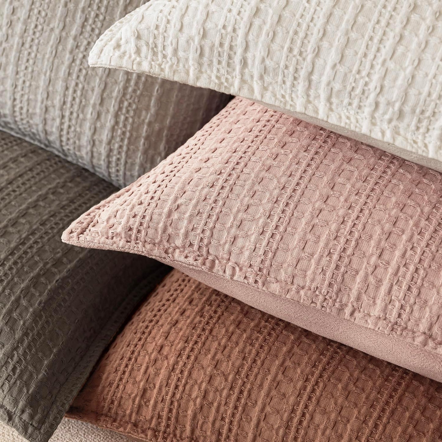 Foindtower Set of 2 Decorative Cotton Waffle Weave Throw Pillow Covers Euro Shams Cushion Covers Accent European Pillowcase for Bed Couch Sofa Bedroom Living Room Home Decor 22×22 Inch Coral Pink