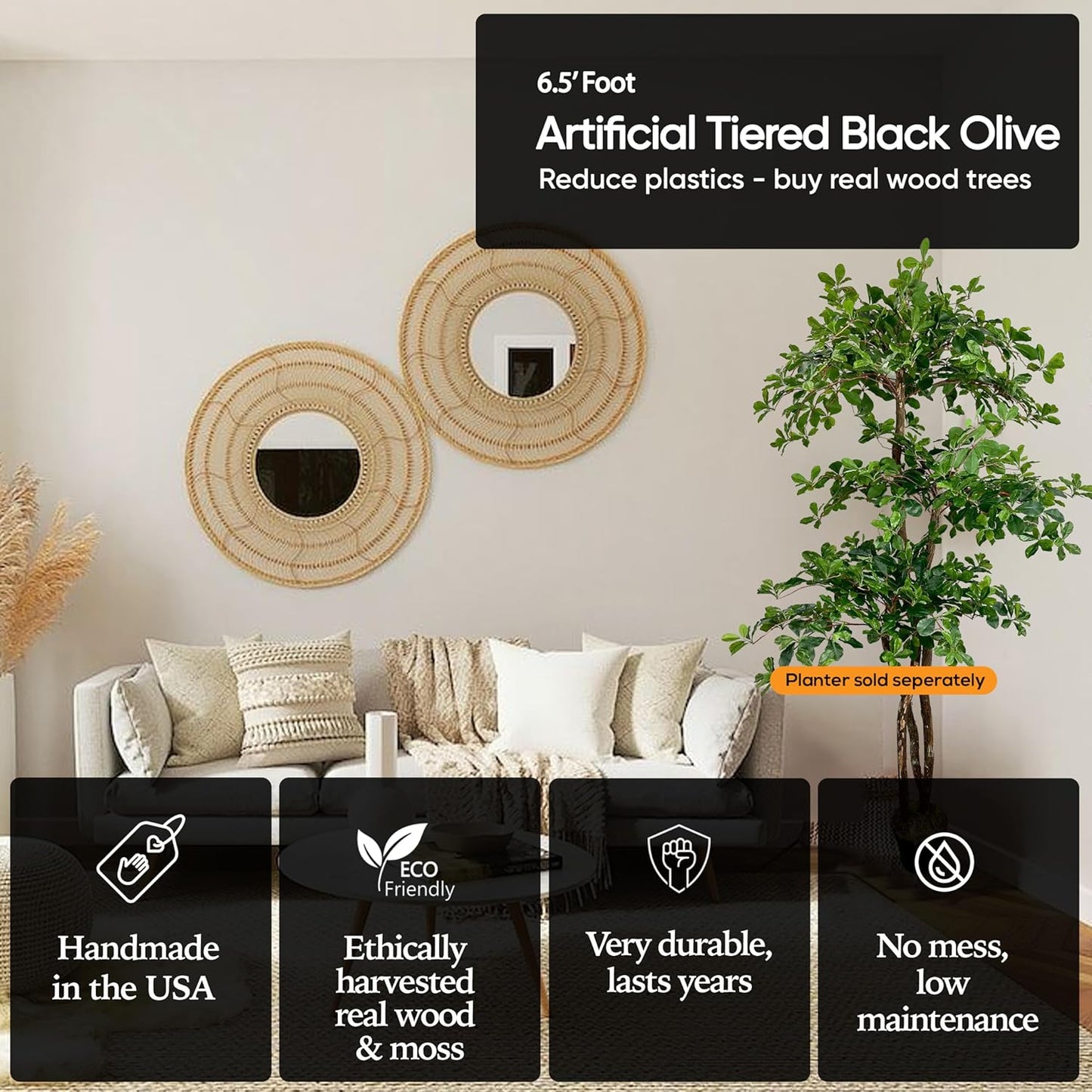 Cypress & Alabaster Handmade 6.5ft 3-Tier Italian Black Olive Leaf Artificial Tree with Ethically Sourced Real Wood Trunks, Hypoallergenic, 6.5-Foot, Green